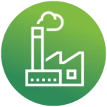 Grüner Kreis mit einem Icon eines Industriegebäudes.